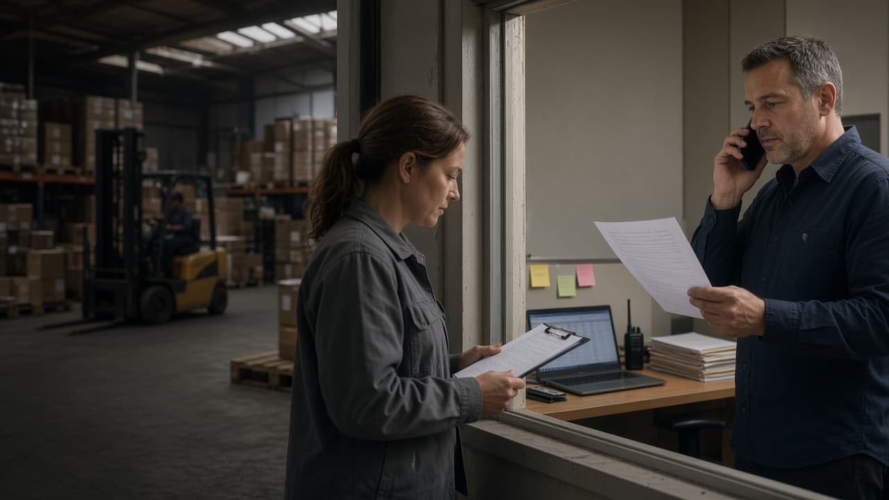 Operations manager and warehouse supervisor reconciling information across paper, phone, and a spreadsheet